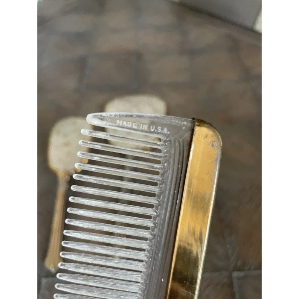 Vtg Ornate Gold & Silver Tone 3 Piece Mirror Comb Hair Brush Vanity Set